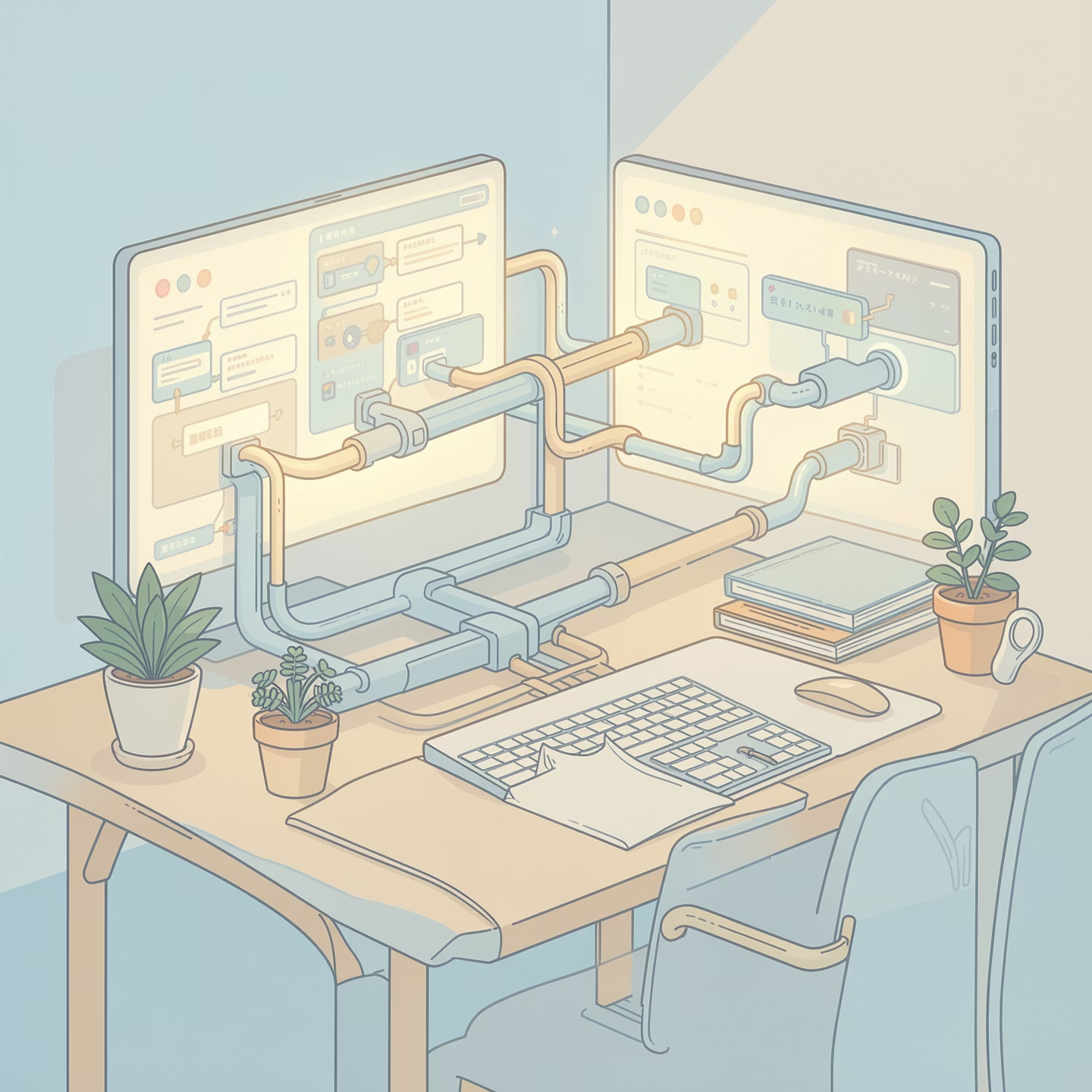 Two monitors connected by pipes — an agent ecosystem